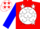 Red, white ball, white stars on blue sleeves