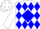 White, blue 'h' in blue diamond, blue diamonds on white sleeves