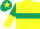 Yellow, dark green hoop, dark green and yellow halved sleeves, dark green cap, yellow star