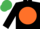 Black, orange disc, emerald green cap