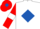 White, royal blue diamond, red sleeves, white armlets, red cap, royal blue diamond
