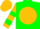 Green, gold ball, gold sleeves, green hoop, gold cap