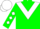 Green, white triangular panel, white diamonds on sleeves, green and white cap, green visor