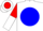 White, red 'jr' on blue ball, red and white halved sleeves