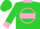 Lime green, pink quarter circle brand, pink hoop, pink collar & cuffs