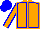 Orange body, blue seams, orange arms, blue seams, blue cap