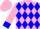 Pink, white framed blue diamonds, blue cuffs