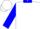 White, blue collar, multi-colored logo, blue sleeves, white cap