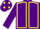 Purple, yellow seams, purple sleeves, yellow spots on cap