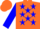 Orange body, blue stars, blue arms, orange cap