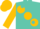 Turquoise, gold ball sash, gold 'z', turquoise dots on gold sleeves, turquoise and gold cap