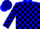 Blue, black blocks, red band on sleeves