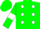 Green, white spots , green armlets on white sleeves, green cap