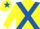 Yellow, royal blue cross sashes, royal blue armlet, royal blue star on cap