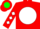 Red, green 'jmr' and trees on white ball, white diamonds on sleeves