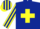Dark blue, yellow cross belts, yellow and dark blue striped sleeves, dark blue and yellow striped cap