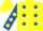 Yellow, Royal Blue spots, Royal Blue sleeves, Yellow spots