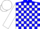 Blue, blue cld on white emblem, white blocks on sleeves, white cap
