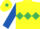 Yellow, emerald green triple diamond, royal blue sleeves, yellow cap, emerald green diamond