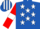 Royal blue, white stars, red sleeves, white armlets, white and royal blue striped cap