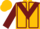 Gold, burgundy triangular panel, burgundy seams on sleeves, gold cap