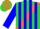 Lime green, orange 'b/g' on orange trimmed sash, blue stripes on sleeves
