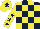Dark blue and yellow check, yellow sleeves, dark blue stars, yellow cap, dark blue star