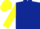 Dark blue body, yellow arms, yellow cap, dark blue hooped