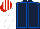Dark blue, royal blue seams, white sleeves, red and white striped cap