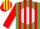 Emerald green, white ball, yellow and red stripes on sleeves