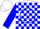 White, royal blue circle and 'bb', blue blocks on sleeves, white cap, blue pompon
