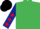 Emerald green, dark blue sleeves, red stars, black cap