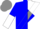 Blue and white halves, blue diamond framed h on grey sash, blue and white halved sleeves, grey cap