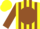 Yellow, brown ball, yellow 'jcs', brown stripes on sleeves, yellow cap
