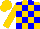 Gold, blue blocks, gold sleeves, gold cap