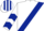 WHITE, dark blue sash, dark blue chevrons on sleeves, striped cap