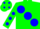 Soft green body, blue large spots, soft green arms, blue spots, soft green cap, blue spots