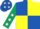 Royal blue & yellow quartered, dark green sleeves, white stars, red cap, white stars