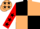 Black and beige quarters, red sleeves, black stars