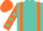 Turquoise, orange braces, orange sleeves, turquoise dots, turquoise and orange cap