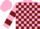 Pink and burgundy blocks, pink sleeves, burgundy hoop, pink cap