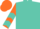 Turquoise, orange sleeves, turquoise chevrons, turquoise and orange cap