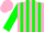 Pink body, green striped, green arms, pink cap, green striped