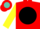 Red, turquoise 'ms' on black ball, yellow sleeves