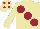 Beige, large maroon spots and spots on cap