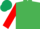 Emerald green, red sleeves, dark green cap