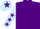 Purple, light blue sleeves, purple stars, light blue cap, purple star