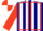 Navy blue, white stripes, scarlet seams on sleeves, scarlet and white quartered cap