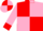 red and pink quartered, red collar and cuffs, pink sleeves, red and pink quartered cap
