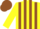 Yellow body, brown striped, yellow arms, brown cap